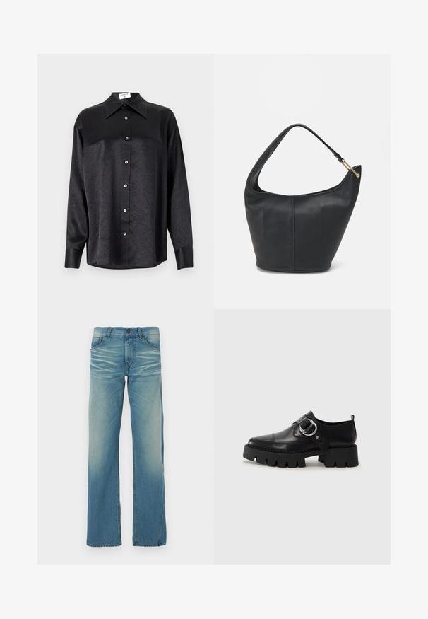 Black long-sleeve shirt with a collared neckline, featuring a crinkled texture, full button front, and cuffs. Made from a smooth fabric.; Light blue denim jeans with a straight-leg cut, faded wash, five pockets, and a button closure. Visible stitching accents.; Black leather shoes with a chunky, ribbed sole, featuring a circular silver hardware accent and minimal stitching detail.; Black leather handbag with a rounded shape, a wide strap, and a textured finish. Features a subtle seam detail and a gold-tone hardware accent.