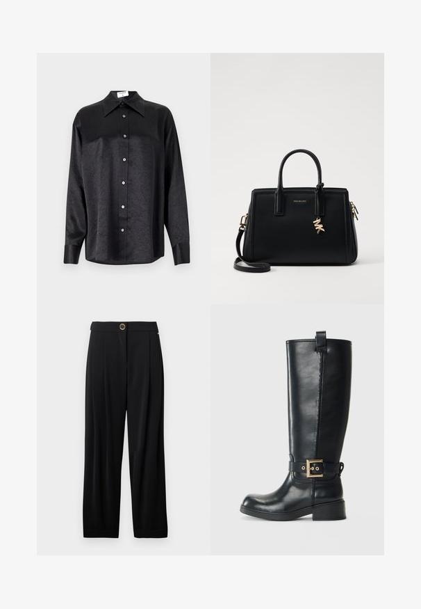 Svart langermet skjorte med krage, som har en rynket tekstur, fullt knappet front og mansjetter. Laget av et glatt stoff.; Sorte høyt liv brede bukser med en enkelt gullknapp lukking og sidelommer mot en hvit bakgrunn.; Sorte knelange læderstøvler med en lav blokhæl, dekorativ guldfarvet spænde om anklen og en løkke øverst.; Svart skinnhåndveske med strukturert design, doble topphåndtak, avtakbar skulderrem, gullfarget hardware og en logo-detalj.