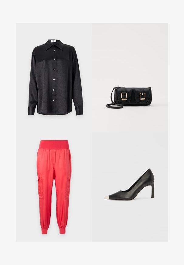 Black long-sleeve shirt with a collared neckline, featuring a crinkled texture, full button front, and cuffs. Made from a smooth fabric.; Red satin jogger pants with a wide elastic waist, side pockets, and elastic cuffs at the ankles. Smooth finish with a slight shine.; Black leather high heel shoe with a pointed toe and a metallic silver cap. Features a smooth finish and a slender 10 cm heel.; Black leather crossbody bag with two front pockets, gold buckles, zipper closure, and a slim strap. Textured surface and compact rectangular shape.