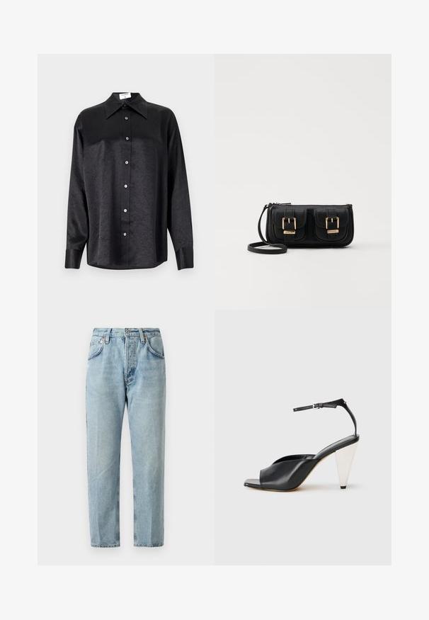 Juodas ilgarankovis marškinis su apykakle, turintis plėšyta tekstūra, visiško mygtukų uždarymo priekyje ir rankogaliais. Pagamintas iš lygaus audinio.; Šviesiai mėlynos džinsinės kelnės su tiesiomis kojomis, penkiomis kišenėmis ir subtiliu blukimu. Su mygtuko uždarymu ir diržo kilpomis.; Juodos odinės aukštakulnės šlepetės su atvira nosimi, asimetrišku dizainu, kulkšnies dirželiu ir metaliniu kūgio formos kulnu. Visas paviršius lygus.; Juodas odinis per petį nešiojamas krepšys su dviem priekiniais kišenėmis, auksiniais sagtimis, užtrauktuko uždarymu ir siauromis petnešomis. Textūruota paviršius ir kompaktiškas stačiakampis formatas.