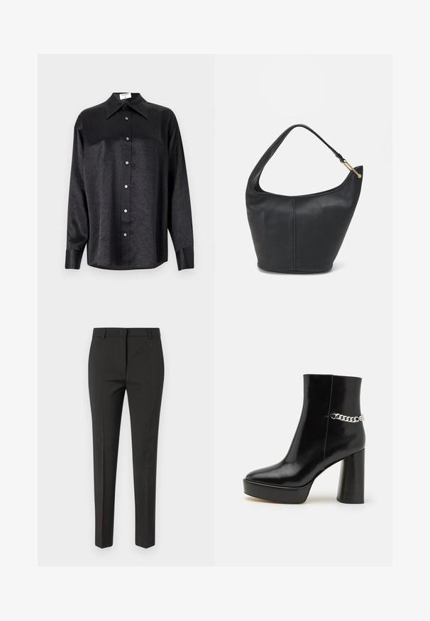 Svart langermet skjorte med krage, som har en rynket tekstur, fullt knappet front og mansjetter. Laget av et glatt stoff.; Svarte skreddersydde bukser med rett benpassform, med en glatt tekstur og uten synlige mønstre eller dekorasjoner.; Svart lakkert skinnankelstøvel med tykk plattform og høy blokkhel. Har en sølvkjedeakkent på siden. Glatt tekstur.; Svart lærveske med en rund form, bred stropp og strukturert overflate. Har en subtil sømdetalj og gullfarget beslag.