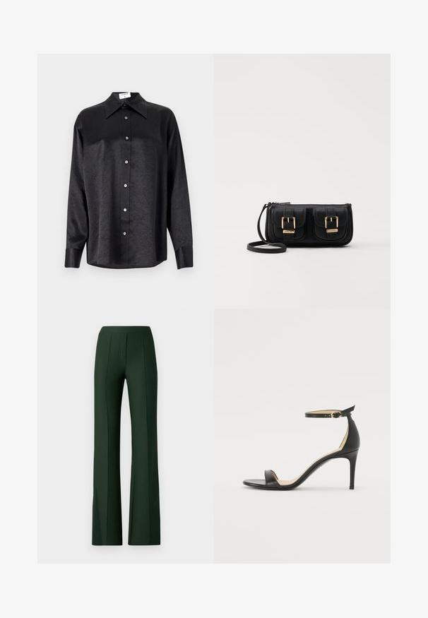 Zwarte blouse met lange mouwen en een kraag, voorzien van een gekreukt oppervlak, volwaardige knopen aan de voorkant en manchetten. Gemaakt van een gladde stof.; Groene uitlopende broek met een gladde textuur, voorzien van een hoge taille, plooien aan de voorkant en een getailleerde pasvorm tot aan de enkels.; Zwarte leren hoge hak sandaal met enkelbandje. Heeft een gladde textuur, open teen en een dunne hak. Gouden gesp detail.; Zwarte leren schoudertas met twee vo pockets, gouden gespen, ritsluiting en een smalle band. Tekstuur oppervlak en compacte rechthoekige vorm.