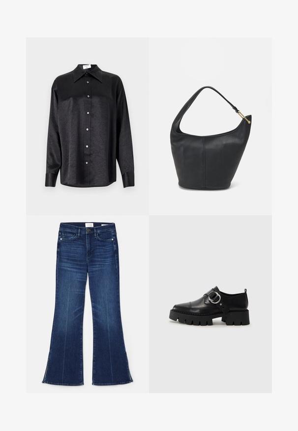 Black long-sleeve shirt with a collared neckline, featuring a crinkled texture, full button front, and cuffs. Made from a smooth fabric.; Dark blue flared jeans made from denim. Features a high waist, front pockets, and slit details at the hem.  Classic five-pocket design.; Black leather shoes with a chunky, ribbed sole, featuring a circular silver hardware accent and minimal stitching detail.; Black leather handbag with a rounded shape, a wide strap, and a textured finish. Features a subtle seam detail and a gold-tone hardware accent.