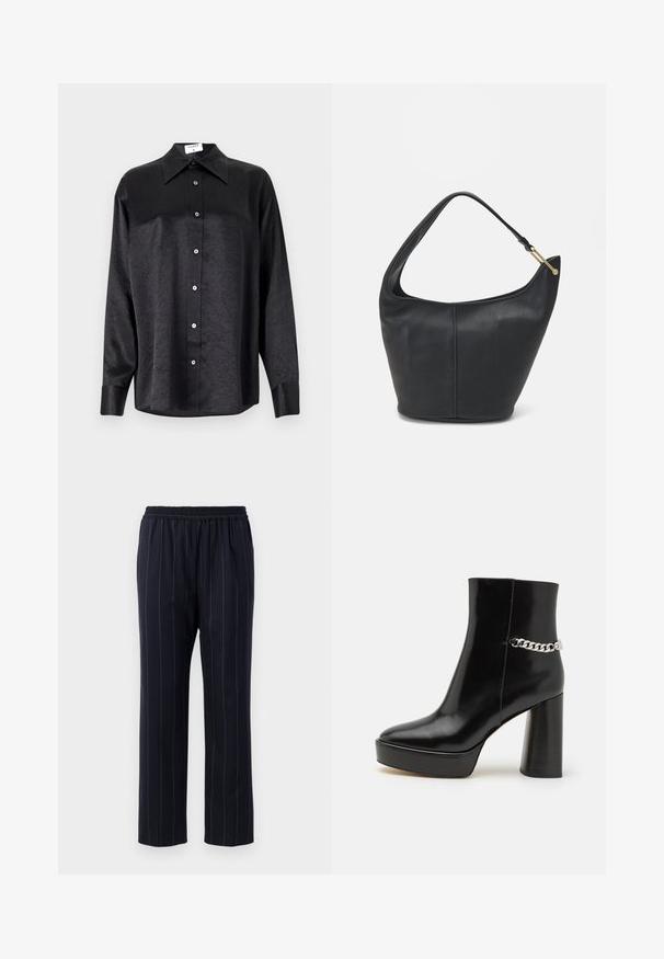 Svart langermet skjorte med krage, som har en rynket tekstur, fullt knappet front og mansjetter. Laget av et glatt stoff.; Marineblå bukser med lodrette striber, elastisk talje, lige ben-design, glat tekstur og uden synlige lommer.; Svart lakkert skinnankelstøvel med tykk plattform og høy blokkhel. Har en sølvkjedeakkent på siden. Glatt tekstur.; Svart lærveske med en rund form, bred stropp og strukturert overflate. Har en subtil sømdetalj og gullfarget beslag.