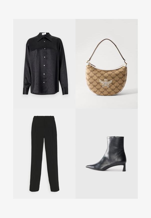 Sort langærmet skjorte med krave, der har en krøllet tekstur, fuld knaplukning foran og manchetter. Lavet af et glat stof.; Sorte skræddersyede bukser med lige ben, højtaljet, med pressefolder og en glat stofstruktur.; Sort læder ankelstøvle med spids tå og et strømlinet design. Har en lav hæl og en lynlås lukning bagpå. Glat tekstur.; Beige skuldertaske med et brunt logomønster, hvide detaljer og en buet form. Har en brun rem og en lynlås.