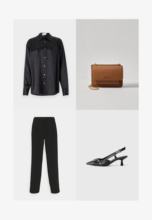 Black long-sleeve shirt with a collared neckline, featuring a crinkled texture, full button front, and cuffs. Made from a smooth fabric.; Black tailored trousers with a straight-leg design, featuring a high waist, pleats, and smooth fabric texture.; Black leather slingback shoe with a pointed toe, decorative straps featuring metal eyelets, and a low block heel. Textured surface.; Brown textured leather crossbody bag with gold chain strap and flap closure. Front features logo detail and a pocket under the flap.