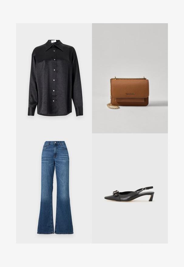 Camisa negra de manga larga con cuello, que presenta una textura arrugada, botón frontal completo y puños. Fabricada en un tejido suave.; Jeans de pernera ancha hechos de denim de lavado medio. Presentan una cintura alta, cierre frontal de botón y desvanecimiento mínimo. Corte recto desde el muslo hasta el dobladillo.; Zapato slingback de cuero negro con punta afilada, tacón pequeño y detalle de hebilla decorativa en la parte superior. Textura suave, diseño minimalista.; Bolso crossbody de cuero texturizado marrón con correa de cadena dorada y cierre de solapa. La parte frontal presenta un detalle de logo y un bolsillo debajo de la solapa.