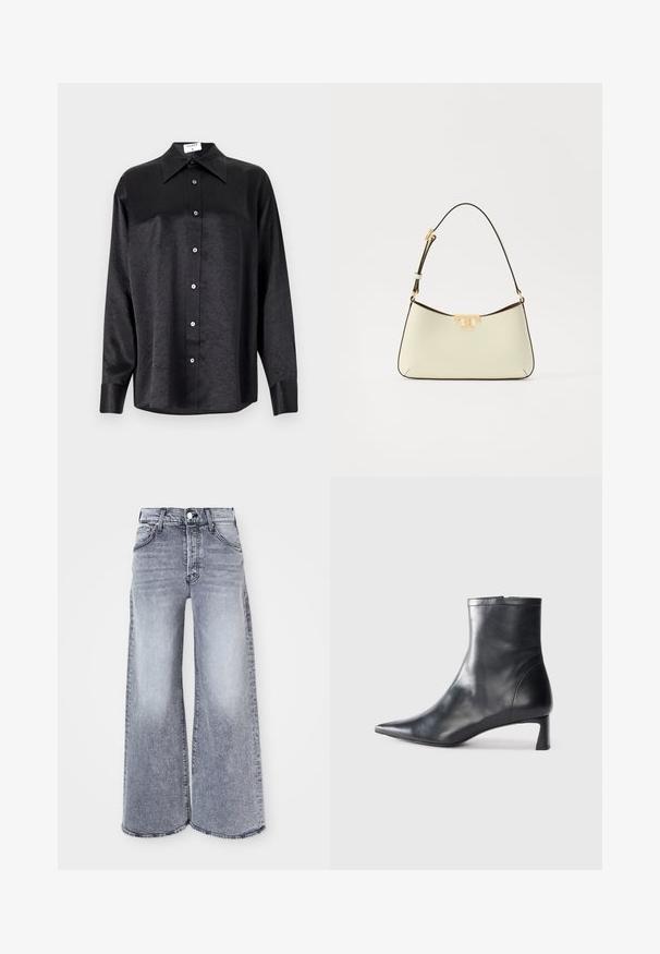 Melnas garām piedurknēm krekls ar apdari, kas piedāvā samocītu tekstūru, pilnu pogu priekšpusi un aproces. Izgatavots no gludas auduma.; Gai pelēki platās kājas džinsi, izgatavoti no denima, ar augstu jostasvietu, pogu aizdari un vieglu izbalēšanu, ar neapstrādātiem apakšmalēm.; Melnas ādas potītes zābaki ar norādītu pirkstu un elegantu dizainu. Iezīmē zemu papēdi un rāvējslēdzēja aizdari aizmugurē. Gluda tekstūra.; Kriemeļkrāsas ādas rokassoma ar izliekta formas dizainu. Iespējo zelta toņa logotipa uzsvars un plāna, regulējama tumša siksna.