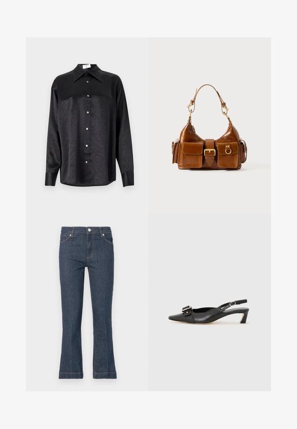 Juodas ilgarankovis marškinis su apykakle, turintis plėšyta tekstūra, visiško mygtukų uždarymo priekyje ir rankogaliais. Pagamintas iš lygaus audinio.; Tamsiai mėlynos džinsinės kelnės su prigludusia forma, platėjantis apačia, penkios kišenės ir kontrastingos siūlės. Priekinis mygtuko ir užtrauktuko užsegimas.; Juodas odinis slingback batelis su smailiu nosiu, maža pakulne ir dekoratyvine sagtimi viršuje. Lygus paviršius, minimalistas dizainas.; Ruda odinė rankinė su išlenkta forma, dvigubais auksinės spalvos detalėmis, dviem priekiniais kišenėmis ir plačia dirželiu. Lygi tekstūra su blizgiu paviršiumi.