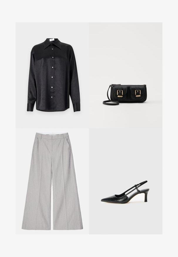 Black long-sleeve shirt with a collared neckline, featuring a crinkled texture, full button front, and cuffs. Made from a smooth fabric.; Gray wide-leg trousers with vertical pinstripes, featuring a smooth texture and subtle shimmer. Includes front pockets and a waistband.; Black patent slingback heel with a pointed toe, featuring textured snake print, adjustable strap, and a short, textured block heel.; Black leather crossbody bag with two front pockets, gold buckles, zipper closure, and a slim strap. Textured surface and compact rectangular shape.