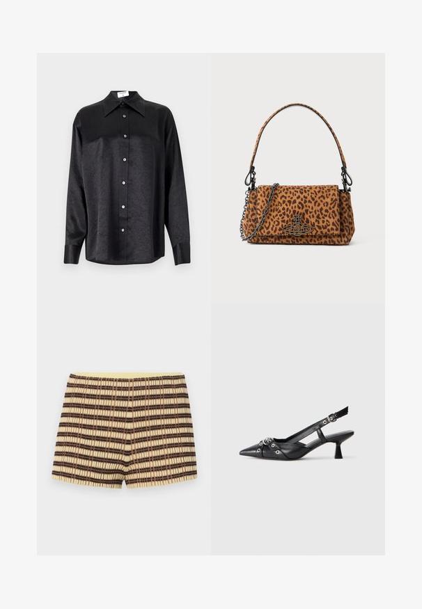 Black long-sleeve shirt with a collared neckline, featuring a crinkled texture, full button front, and cuffs. Made from a smooth fabric.; knitted shorts in beige with brown and black stripes; features a ribbed texture and an elastic yellow waistband.; Black leather slingback shoe with a pointed toe, decorative straps featuring metal eyelets, and a low block heel. Textured surface.; Leopard print handbag made of suede with a short handle, a chain strap, and a black hardware clasp. Rectangular shape with a flap closure.