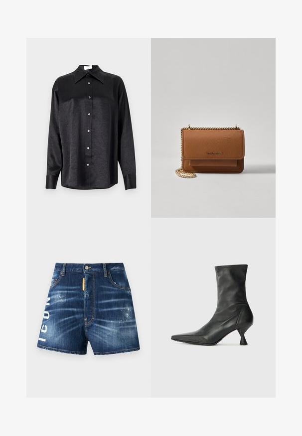 Schwarzes Langarmhemd mit kragenförmigem Halsausschnitt, mit einem zerknitterten Textur, voller Knopfleiste und Manschetten. Hergestellt aus einem glatten Stoff.; Dunkelblaue Jeansshorts mit einem abgenutzten Finish, versehen mit dem weißen Text "ICON" am linken Bein und einem orangefarbenen Stoffetikett in der Taille.; Schwarze Lederstiefelette mit spitzer Zehenpartie, strukturiertem Zehenkappen und schlankem, konisch geformtem Absatz. Glatte Oberfläche mit dezenten Nähdetails.; Braune strukturierte Ledertasche mit goldener Kettenriemen und Klappenverschluss. Die Vorderseite zeigt ein Logo-Detail und eine Tasche unter der Klappe.