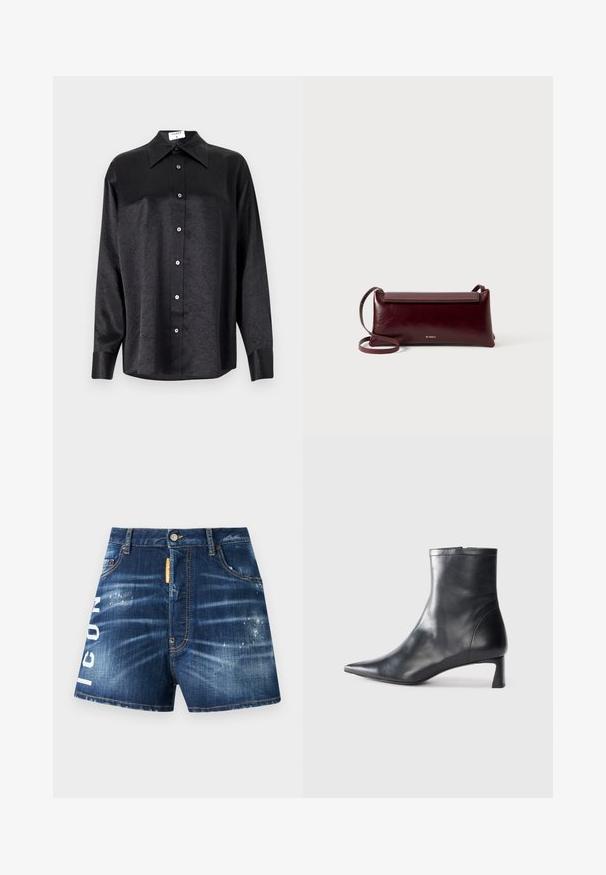 Zwarte blouse met lange mouwen en een kraag, voorzien van een gekreukt oppervlak, volwaardige knopen aan de voorkant en manchetten. Gemaakt van een gladde stof.; Donkerblauwe denim shorts met een versleten afwerking, voorzien van witte tekst "ICON" op het linkergedeelte van het been en een oranje stoffen label nabij de taille.; Zwarte leren enkellaars met een spitse neus en een slank ontwerp. Heeft een lage hak en een ritssluiting aan de achterkant. Gladde textuur.; Bordeaux lederen schoudertas met een gladde textuur, rechthoekige vorm, klep sluiting en een dunne verstelbare schouderband. Gouden logo detail zichtbaar.