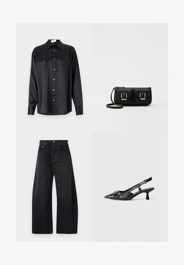 Čierna košeľa s dlhým rukávom a golierom, s pokrčenou textúrou, plne gombíkovou prednou časťou a manžetami. Vyrobená z hladkého materiálu.; Citizens of Humanity HORSESHOE - Džínsy voľného strihu - black; Čierne kožené slingback topánky s špicatou špičkou, ozdobnými popruhmi s kovovými očkami a nízkym blokovým podpätkom. Textúrovaný povrch.; Čierna kožená crossbody taška s dvoma prednými vreckami, zlatými sponami, zipsovým uzatváraním a úzkym popruhom. Štruktúrovaný povrch a kompaktný obdĺžnikový tvar.