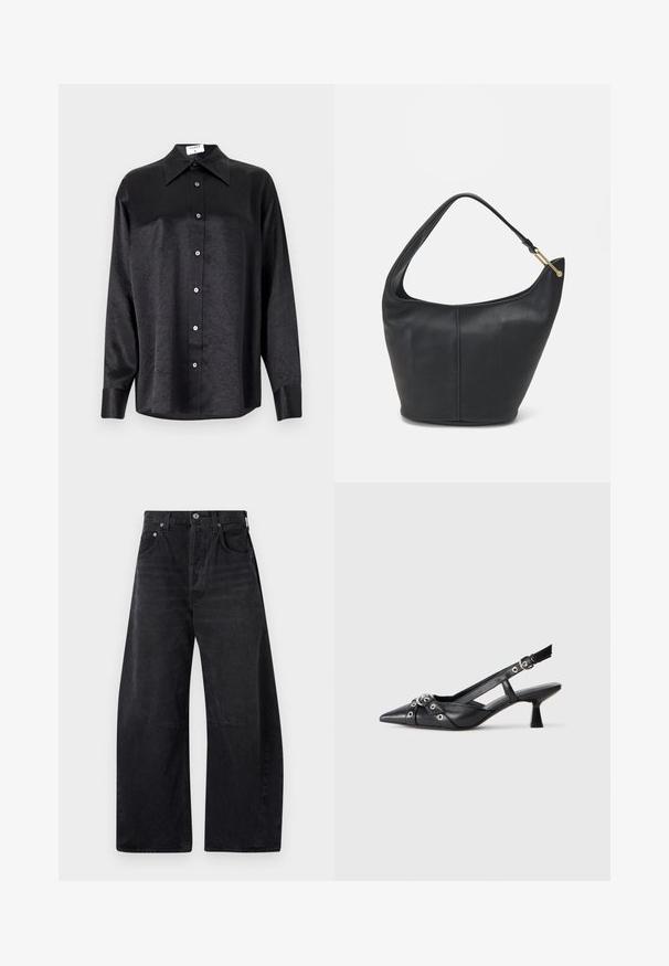 Black long-sleeve shirt with a collared neckline, featuring a crinkled texture, full button front, and cuffs. Made from a smooth fabric.; Citizens of Humanity HORSESHOE - Relaxed fit jeans - black; Black leather slingback shoe with a pointed toe, decorative straps featuring metal eyelets, and a low block heel. Textured surface.; Black leather handbag with a rounded shape, a wide strap, and a textured finish. Features a subtle seam detail and a gold-tone hardware accent.