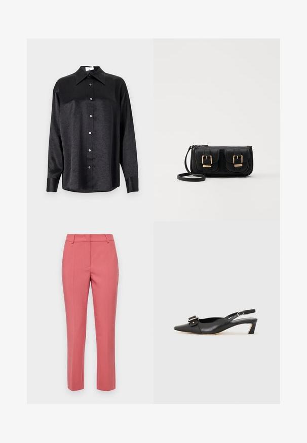 Fekete, hosszú ujjú ing, galléros nyakkal, gyűrött textúrával, teljes gombos elejével és mandzsettákkal. Simaságú anyagból készült.; Testre szabott rózsaszín nadrág, karcsú fazonnal, oldalzsebekkel, sima textúrával és egyenes lábdesignnal.; Fekete bőr szandál kis sarkú, hegyes orral, díszes csattal a felsőrészen. Simább textúra, minimalista design.; Fekete bőr keresztbody táska két elülső zsebbel, arany csattokkal, cipzáras záródással és vékony pánttal. Textúrált felület és kompakt téglalap alak.