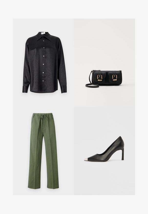 Black long-sleeve shirt with a collared neckline, featuring a crinkled texture, full button front, and cuffs. Made from a smooth fabric.; Green, loose-fitting pants made of lightweight material, featuring an elastic waistband with a drawstring and side pockets.; Black leather high heel shoe with a pointed toe and a metallic silver cap. Features a smooth finish and a slender 10 cm heel.; Black leather crossbody bag with two front pockets, gold buckles, zipper closure, and a slim strap. Textured surface and compact rectangular shape.
