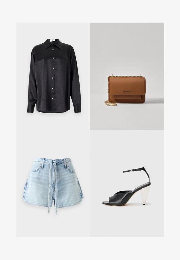 Camicia nera a maniche lunghe con colletto, caratterizzata da una texture stropicciata, chiusura frontale con bottoni e polsini. Realizzata in un tessuto morbido.; Shorts in denim azzurro chiaro con vita regolabile, cinque tasche e orli grezzi. Il tessuto ha una texture invecchiata.; Sandal con tacco alto in pelle nera, con punta aperta, design asimmetrico, cinturino alla caviglia e tacco metallico a forma di cono. Texture liscia.; Borsa a tracolla in pelle marrone con texture, dotata di catena dorata e chiusura a pattina. Sul davanti presenta un dettaglio con logo e una tasca sotto la pattina.