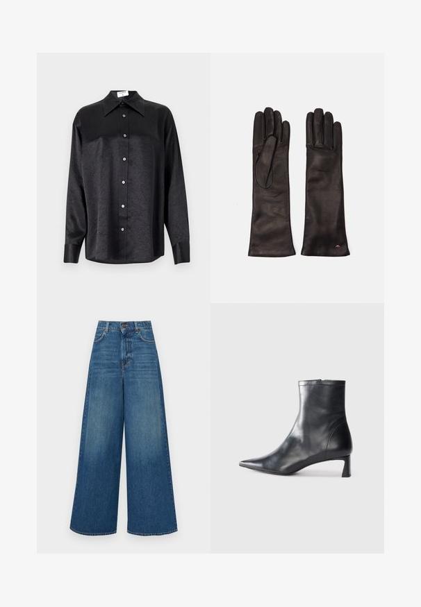 Black long-sleeve shirt with a collared neckline, featuring a crinkled texture, full button front, and cuffs. Made from a smooth fabric.; Weekend Max Mara ABITATA - Wide Leg - blu; Black leather ankle boot with a pointed toe and a sleek design. Features a low heel and a zipper closure at the back. Smooth texture.; Weekend Max Mara SENAPE - Gloves - nero