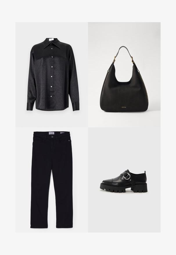 Juodas ilgarankovis marškinis su apykakle, turintis plėšyta tekstūra, visiško mygtukų uždarymo priekyje ir rankogaliais. Pagamintas iš lygaus audinio.; Juodi džinsai su siauru siluetu, su priekiu užsegimu mygtuku, diržo kilpomis ir priekinėmis kišenėmis. Minkšta medžiaga su lygiu paviršiumi.; Juodos odinės bateliai su masyviu, grioveliuotu padu, su apvaliu sidabro detalės akcentu ir minimaliais siuvimo elementais.; MICHAEL Michael Kors NOLITA HOBO  - Rankinė - black