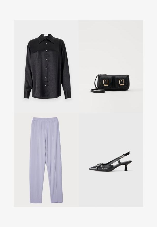 Čierna košeľa s dlhým rukávom a golierom, s pokrčenou textúrou, plne gombíkovou prednou časťou a manžetami. Vyrobená z hladkého materiálu.; Svetlofialové nohavice s elastickým pásom, voľného strihu, hladkej textúry a bočnými záhybmi. Navrhnuté na pohodlie a ľahký pohyb.; Čierne kožené slingback topánky s špicatou špičkou, ozdobnými popruhmi s kovovými očkami a nízkym blokovým podpätkom. Textúrovaný povrch.; Čierna kožená crossbody taška s dvoma prednými vreckami, zlatými sponami, zipsovým uzatváraním a úzkym popruhom. Štruktúrovaný povrch a kompaktný obdĺžnikový tvar.
