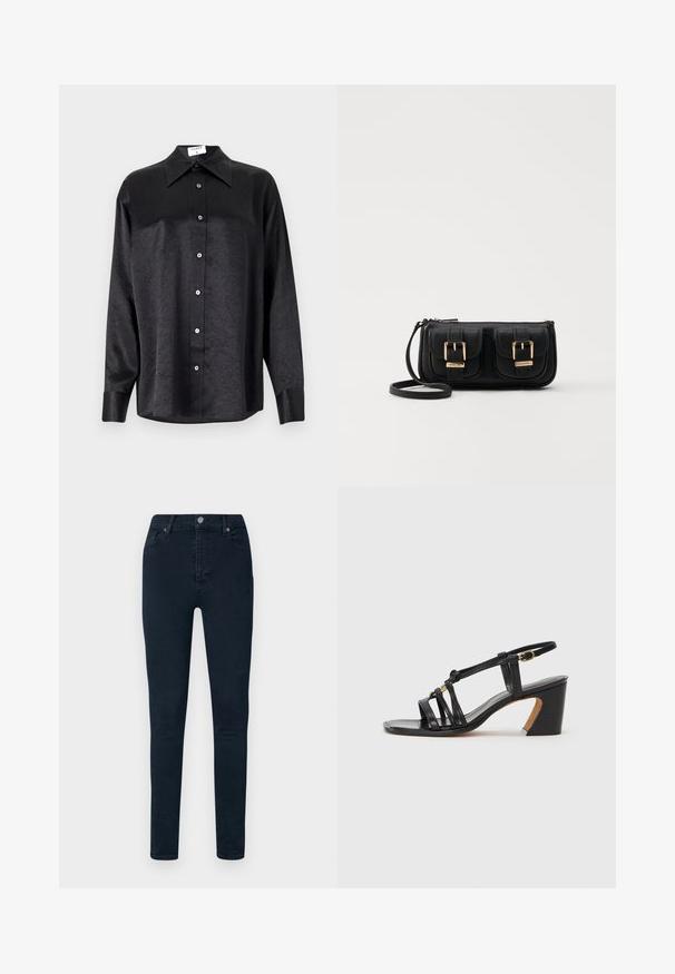 Černá košile s dlouhým rukávem a límečkem, s jakostní texturou, plně zapínací, s manžetami. Vyrobena z hladkého materiálu.; Slim-fit tmavě modré džíny s klasickým pětikusovým designem, kovovým zapínáním na knoflík a hladkou texturou.; Paul Smith AMIRA - Klasické lodičky - black; Černá kožená crossbody taška se dvěma předními kapsami, zlatými přezkami, zipovým uzávěrem a štíhlým popruhem. Texturovaný povrch a kompaktní obdélníkový tvar.