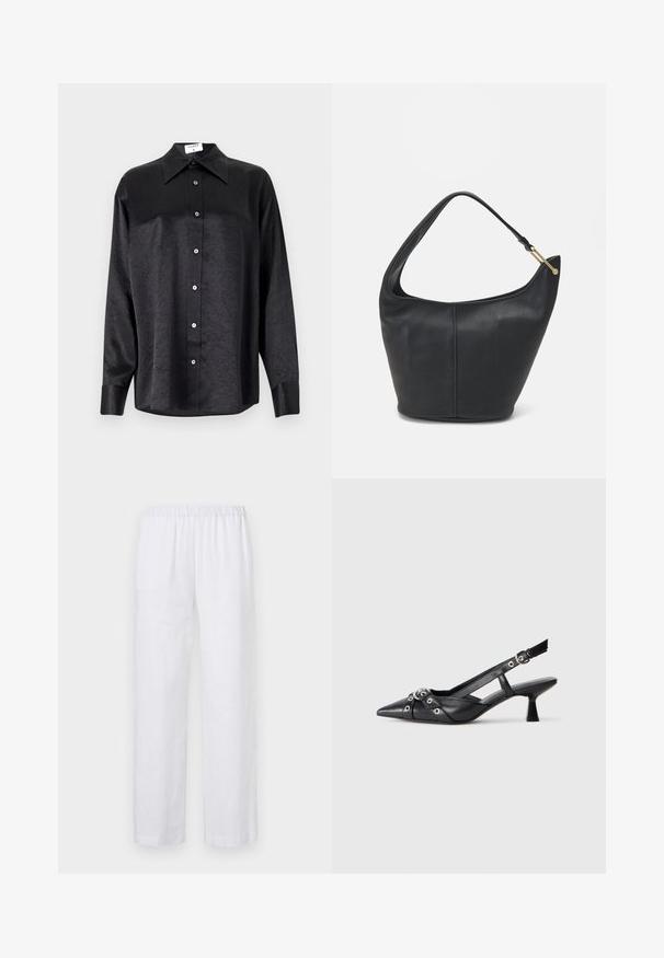 Chemise noire à manches longues avec un col, présentant une texture froissée, une fermeture à boutons sur le devant et des poignets. Fabriquée en tissu lisse.; ASPESI PANTALONE - Pantalon classique - white; Chaussure slingback en cuir noir avec un bout pointu, des sangles décoratives avec œillets en métal et un petit talon carré. Surface texturée.; Sac à main en cuir noir avec une forme arrondie, une large bandoulière et une finition texturée. Présente un détail de couture subtil et un accent en métal doré.