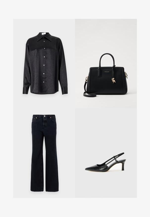 Svart langermet skjorte med krage, som har en rynket tekstur, fullt knappet front og mansjetter. Laget av et glatt stoff.; Svart denimjeans med bred ben-design, med knappestengning, fem lommer og subtile sømdetaljer.; Sorte patent slingback hæl med spids tå, featuring tekstureret slangeskind, justerbar rem og en kort, tekstureret blokhæl.; Svart skinnhåndveske med strukturert design, doble topphåndtak, avtakbar skulderrem, gullfarget hardware og en logo-detalj.