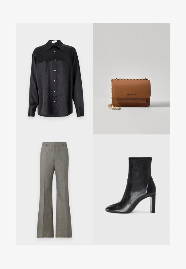 Čierna košeľa s dlhým rukávom a golierom, s pokrčenou textúrou, plne gombíkovou prednou časťou a manžetami. Vyrobená z hladkého materiálu.; Sivé rozšírené nohavice vyrobené z textúrovanej látky, s prispôsobeným strihom, jemným károvaným vzorom a prednými skladmi pre elegantný vzhľad.; Čierne kožené členkové čižmy s elegantným dizajnom, špicatou špičkou a vysokým blokovým podpätkom. Majú hladkú textúru a minimalistické švy.; Hnedá textúrovaná kožená taška cez telo s zlatým reťazovým popruhom a preklopným uzáverom. Predná strana obsahuje detail s logom a vrecko pod preklopkou.