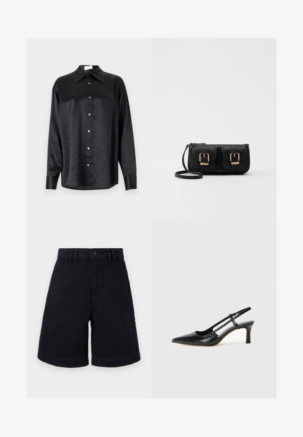 Musta pikemate varrukatega särk, millel on krae ja kortsus tekstuur, täispikk nööpidega eesmine osa ja varrukate mansetid. Valmistatud siledast kangast.; Mustadest denim lühikestest püksidest sirge lõikega, millel on nupuga sulgemine, vöökohad ja keeratud servad. Sile tekstuur koos peente õmblust detailidega.; Mustmust paelad, millel on terav varvas, tekstuuriga maduprindiga, reguleeritav rihm ja lühike tekstuuriga plokknina.; Must küllastamata nahast õlakott, millel on kaks esist nähtavat taskut, kuldsed pandlad, tõmblukuga sulgemine ja peen rihm. Tekstuuriga pind ja kompaktne ristkülikukujuline kuju.