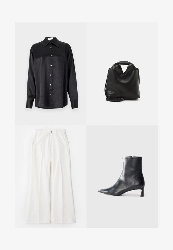 Μαύρο πουκάμισο μακρύ μανίκι με γιακά, πλούσια υφή, πλήρη κουμπί μπροστά και μανσέτες. Φτιαγμένο από μαλακό ύφασμα.; Άσπρο παντελόνι με φαρδιά γραμμή, κατασκευασμένο από μαλακό ύφασμα, με μπροστινές τσέπες και κλείσιμο με έναν κουμπί, με καθαρό, μινιμαλιστικό σχέδιο.; Μαύρη δερμάτινη μπότες αστραγάλου με μυτερή μύτη και κομψό σχέδιο. Διαθέτει χαμηλό τακούνι και φερμουάρ στο πίσω μέρος. Λείο υφή.; Μαύρη, μαλακή δερμάτινη τσάντα με μοναδικό ελικοειδή σχεδίαση. Διαθέτει κοντή λαβή και αποσπώμενος ιμάντας ώμου. Μινιμαλιστικός στυλ.