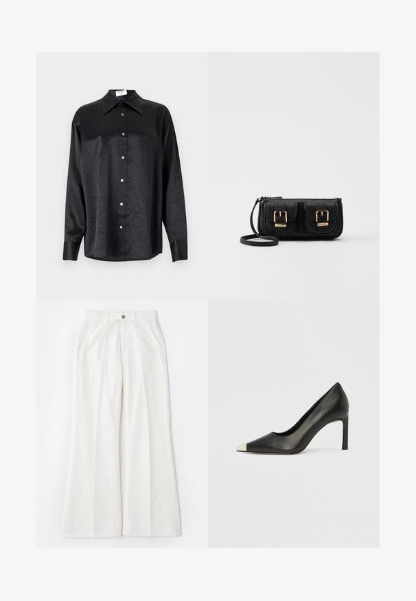 Black long-sleeve shirt with a collared neckline, featuring a crinkled texture, full button front, and cuffs. Made from a smooth fabric.; White wide-leg pants made of soft fabric, featuring front pockets and a single button closure, with a clean, minimal design.; Black leather high heel shoe with a pointed toe and a metallic silver cap. Features a smooth finish and a slender 10 cm heel.; Black leather crossbody bag with two front pockets, gold buckles, zipper closure, and a slim strap. Textured surface and compact rectangular shape.