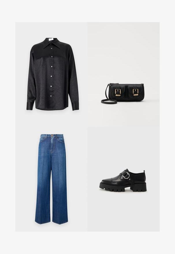 Črna srajca z dolgimi rokavi in ovratnikom, ki ima gubasto teksturo, celotno zapenjanje na gumb in manšete. Izdelana iz gladkega materiala.; Široke denim hlače v temno modri barvi, s poudarjeno pasu, z gumbom in klasičnim šivanjem. Gladka tekstura z rahlim zbledanjem.; Črne usnjene čevlje z debelim, rebrastim podplatom, ki imajo okroglo srebrno kovinsko dodatno opremo in minimalne šive.; Črna usnjena torbica čez ramo z dvema sprednjima žepoma, zlatimi zaponkami, zadrgo in ozkim pasom. Tekstura površine je strukturirana, obliko pa ima kompaktno pravokotno.