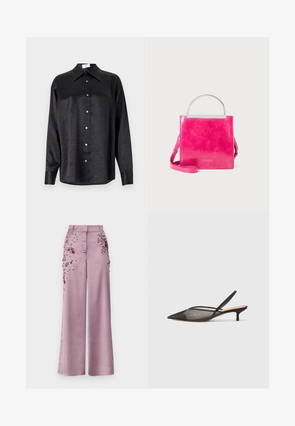 Black long-sleeve shirt with a collared neckline, featuring a crinkled texture, full button front, and cuffs. Made from a smooth fabric.; MAX&Co. RONDA - Trousers - malve; NEOUS IRENA - Classic heels - black; Bright pink square handbag with a silver metal top handle and matching pink adjustable shoulder strap on a plain background.