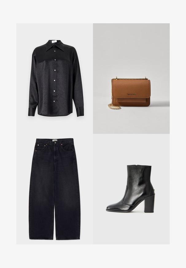 Schwarzes Langarmhemd mit kragenförmigem Halsausschnitt, mit einem zerknitterten Textur, voller Knopfleiste und Manschetten. Hergestellt aus einem glatten Stoff.; Agolde LOW CURVE - Jeans Relaxed Fit - black tar; Schwarze Leder-Stiefelette mit glatter Textur, spitzem Fuß und klobigem hohen Absatz. Verfügt über eine seitliche Öffnung und ein minimalistisches Design.; Braune strukturierte Ledertasche mit goldener Kettenriemen und Klappenverschluss. Die Vorderseite zeigt ein Logo-Detail und eine Tasche unter der Klappe.