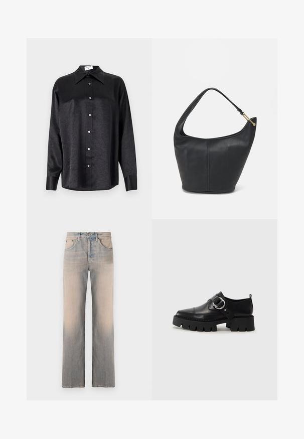 Black long-sleeve shirt with a collared neckline, featuring a crinkled texture, full button front, and cuffs. Made from a smooth fabric.; Light blue denim jeans with a straight leg design, featuring front pockets, subtle fading, and a standard waistband with a metal button.; Black leather shoes with a chunky, ribbed sole, featuring a circular silver hardware accent and minimal stitching detail.; Black leather handbag with a rounded shape, a wide strap, and a textured finish. Features a subtle seam detail and a gold-tone hardware accent.
