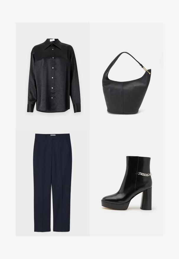 Black long-sleeve shirt with a collared neckline, featuring a crinkled texture, full button front, and cuffs. Made from a smooth fabric.; Navy blue tailored trousers made from a smooth fabric, featuring a flat front, side pockets, and a structured waistband.; Black patent leather ankle boot with a chunky platform and high block heel. Features a silver chain accent on the side. Smooth texture.; Black leather handbag with a rounded shape, a wide strap, and a textured finish. Features a subtle seam detail and a gold-tone hardware accent.