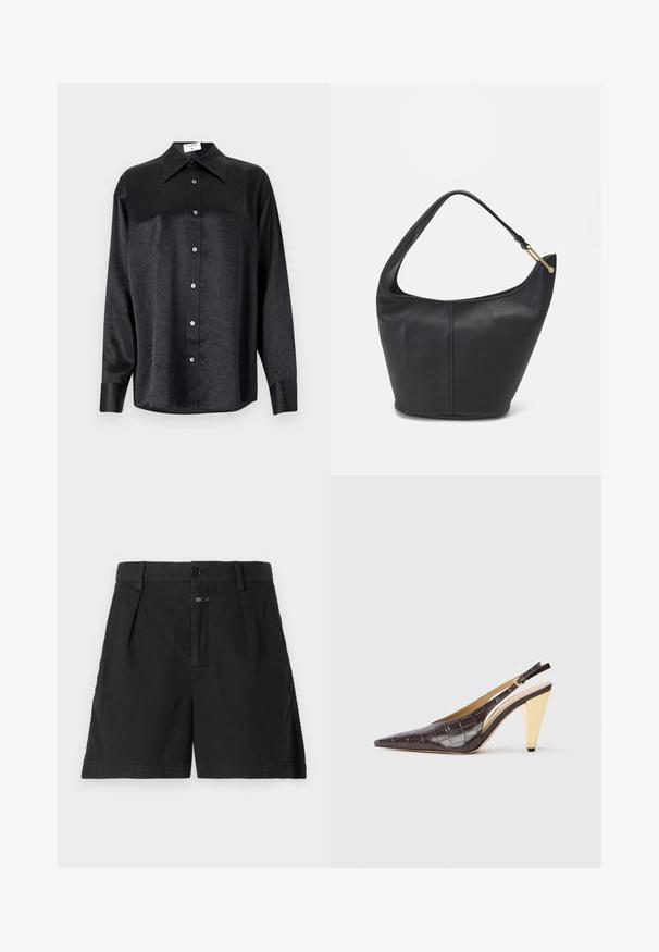 Camicia nera a maniche lunghe con colletto, caratterizzata da una texture stropicciata, chiusura frontale con bottoni e polsini. Realizzata in un tessuto morbido.; CLOSED REVYL - Shorts di jeans - black; Tacco slingback a punta in ecopelle lucida effetto coccodrillo marrone scuro. Caratterizzato da un tacco geometrico in tonalità oro e da una cinghia alla caviglia regolabile.; Borsa a tracolla in pelle nera con forma arrotondata, una tracolla ampia e una finitura testurizzata. Presenta un dettaglio di cucitura discreto e un dettaglio in metallo dorato.