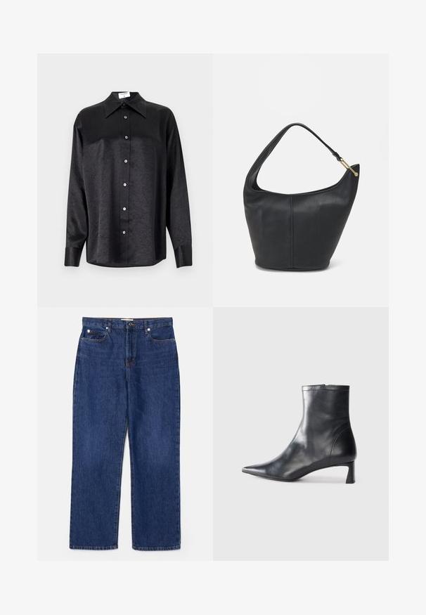 Črna srajca z dolgimi rokavi in ovratnikom, ki ima gubasto teksturo, celotno zapenjanje na gumb in manšete. Izdelana iz gladkega materiala.; Temno modri džins hlače z visokim pasom, naravnim krojem nogavic, petimi žepi in srebrno kovino. Vsebujejo rahlo bledenje in šivane šive.; Črne usnjene gležnjarje s šiljastim nosom in elegantnim dizajnom. Imajo nizko peto in zadrgo na zadnji strani. Gladka tekstura.; Črna usnjena torbica ovalne oblike, s širokim pasom in teksturirano površino. Ima subtilno šivano podrobnost in zlate dodatke.
