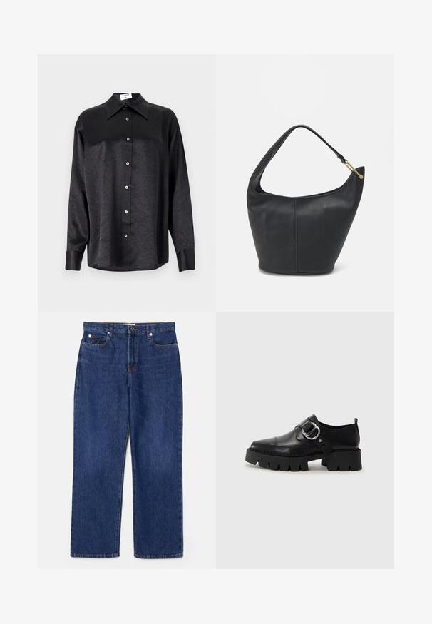 Melnas garām piedurknēm krekls ar apdari, kas piedāvā samocītu tekstūru, pilnu pogu priekšpusi un aproces. Izgatavots no gludas auduma.; Tumši zili džinsi ar augstu jostasvietu, taisna kāju dizainu, piecām kabatām un sudraba detaļām. Iezīmējas ar vieglu izbalēšanu un sašūtiem šuvēm.; Melni ādas apavi ar masīvu, rievojumu zoli, ar apaļu sudraba aksesuāru un minimālām šuvēm.; Melnas ādas rokassomi ar noapaļotu formu, platu siksnu un strukturētu apdari. Iezīmējas ar nelielām šuvju detaļām un zelta tonī izstrādātu aparatūru.