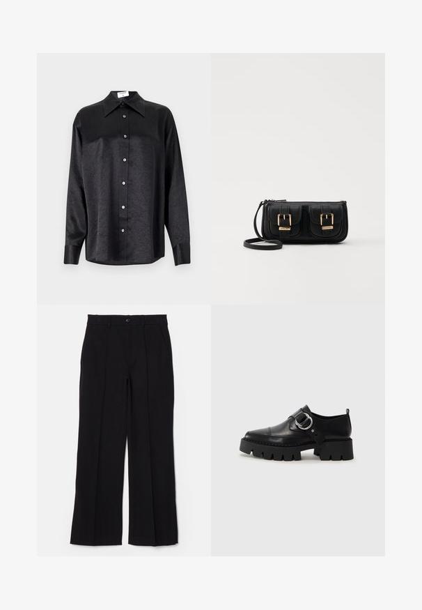 Črna srajca z dolgimi rokavi in ovratnikom, ki ima gubasto teksturo, celotno zapenjanje na gumb in manšete. Izdelana iz gladkega materiala.; Črne hlače z ravnim sprednjim delom, ravnih nogah in žepi. Narejene iz mehkega materiala, z enim gumbom za zapiranje in zanko za pas.; Črne usnjene čevlje z debelim, rebrastim podplatom, ki imajo okroglo srebrno kovinsko dodatno opremo in minimalne šive.; Črna usnjena torbica čez ramo z dvema sprednjima žepoma, zlatimi zaponkami, zadrgo in ozkim pasom. Tekstura površine je strukturirana, obliko pa ima kompaktno pravokotno.