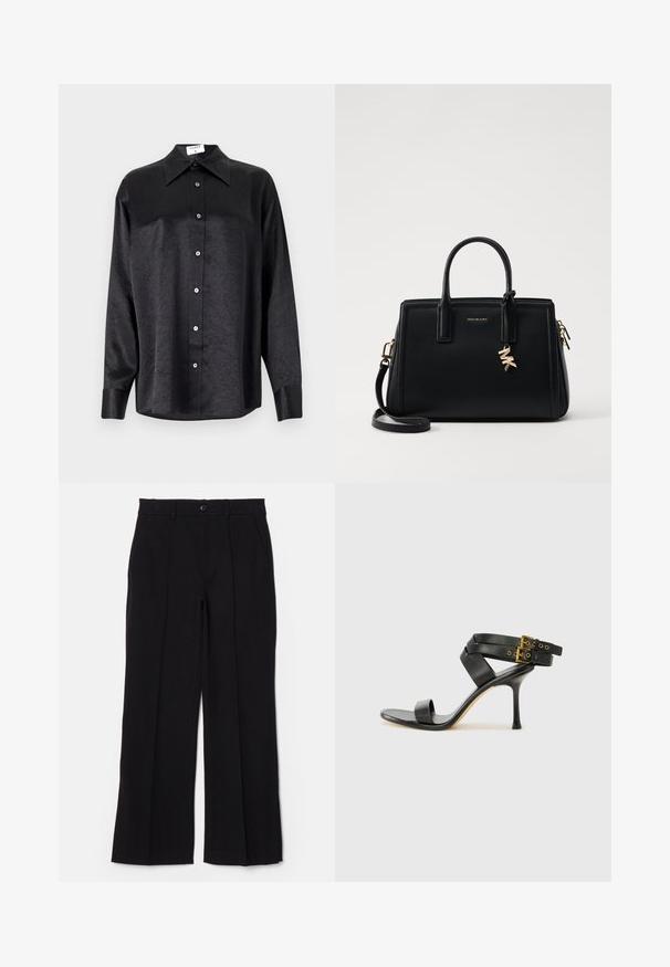 Μαύρο πουκάμισο μακρύ μανίκι με γιακά, πλούσια υφή, πλήρη κουμπί μπροστά και μανσέτες. Φτιαγμένο από μαλακό ύφασμα.; Μαύρο παντελόνι με επίπεδο μπροστινό μέρος, ίσιες γραμμές και τσέπες. Κατασκευασμένο από μαλακό ύφασμα, με κλείσιμο με έναν μόνο κουμπί και θηλιές για ζώνη.; Μαύρο τακούνι σανδάλι με διασταυρούμενες τιράντες και ρυθμιζόμενο κούμπωμα. Διαθέτει λεία υφή και κοφτό τακούνι.; Μαύρη δερμάτινη τσάντα χειρός με δομημένο σχέδιο, διπλές λαβές στην κορυφή, αποσπώμενος ιμάντας ώμου, χρυσά αξεσουάρ και διακοσμητικό λογότυπο.