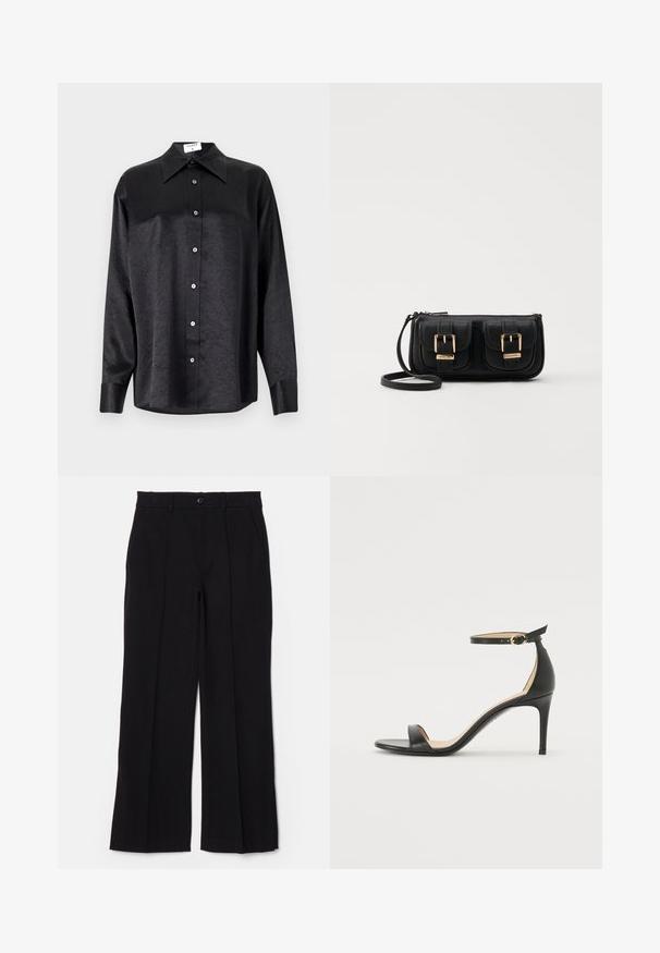 Fekete, hosszú ujjú ing, galléros nyakkal, gyűrött textúrával, teljes gombos elejével és mandzsettákkal. Simaságú anyagból készült.; Fekete nadrág lapos elejével, egyenes lábakkal és zsebekkel. Puha anyagból készült, egy gombos záródással és övrögzítőkkel.; Fekete bőr magassarkú szandál bokapánttal. Simább textúrájú, nyitott orrú és vékony sarkú. Arany színű csat részlet.; Fekete bőr keresztbody táska két elülső zsebbel, arany csattokkal, cipzáras záródással és vékony pánttal. Textúrált felület és kompakt téglalap alak.