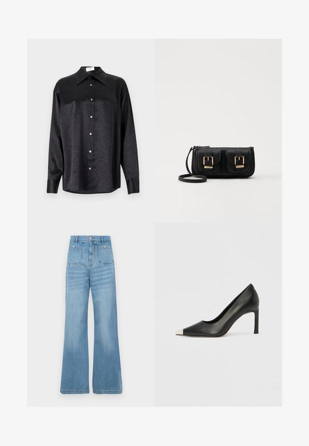 Black long-sleeve shirt with a collared neckline, featuring a crinkled texture, full button front, and cuffs. Made from a smooth fabric.; Light blue denim jeans with a wide-leg design, featuring two front pockets and two back pockets, finished with a raw hem and button closure.; Black leather high heel shoe with a pointed toe and a metallic silver cap. Features a smooth finish and a slender 10 cm heel.; Black leather crossbody bag with two front pockets, gold buckles, zipper closure, and a slim strap. Textured surface and compact rectangular shape.