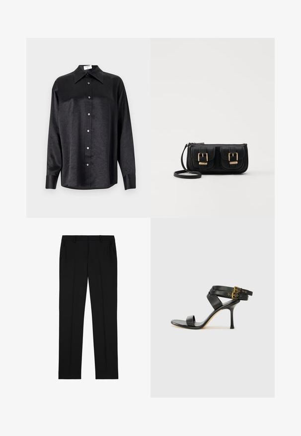 Juodas ilgarankovis marškinis su apykakle, turintis plėšyta tekstūra, visiško mygtukų uždarymo priekyje ir rankogaliais. Pagamintas iš lygaus audinio.; Juodos pritaikytos kelnės su lygiu faktūru, turinčios tiesų priekį, dvi šonines kišenes ir klasiką tiesaus kirpimo dizainą.; Juodi kulniškų sandalai su kryžminėmis juostelėmis ir reguliuojamu sagtimi. Ypatybė – lygus paviršius ir siauras smailas kulnas.; Juodas odinis per petį nešiojamas krepšys su dviem priekiniais kišenėmis, auksiniais sagtimis, užtrauktuko uždarymu ir siauromis petnešomis. Textūruota paviršius ir kompaktiškas stačiakampis formatas.