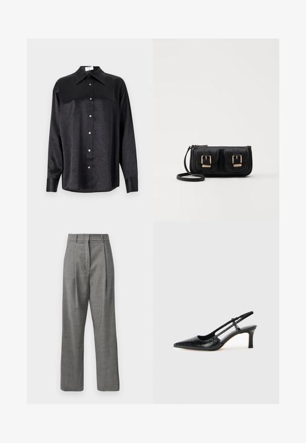 Črna srajca z dolgimi rokavi in ovratnikom, ki ima gubasto teksturo, celotno zapenjanje na gumb in manšete. Izdelana iz gladkega materiala.; Svetlo sivi hlače s visokim pasom in majhnim kostimastim vzorcem, sprednjimi pregibi, zankami za pas in ravnimi hlačnicami na belem ozadju.; Črne lakaste slingback pete s koničastim nosom, ki imajo teksturiran vzorec kačje kože, nastavljiv trak in kratek teksturiran blok peto.; Črna usnjena torbica čez ramo z dvema sprednjima žepoma, zlatimi zaponkami, zadrgo in ozkim pasom. Tekstura površine je strukturirana, obliko pa ima kompaktno pravokotno.