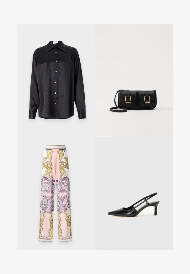 Čierna košeľa s dlhým rukávom a golierom, s pokrčenou textúrou, plne gombíkovou prednou časťou a manžetami. Vyrobená z hladkého materiálu.; Široké nohavice vyrobené z ľahkého materiálu, ktoré majú ružovo-bielu farebnú schému s ozdobnými žltými a modrými barokovými vzormi a zlatými akcentmi.; Čierne patentové slingback topánky na ihlovom podpätku s špicatou špičkou, s textúrovaným hadím vzorom, nastaviteľným popruhom a krátkym, textúrovaným blokovým podpätkom.; Čierna kožená crossbody taška s dvoma prednými vreckami, zlatými sponami, zipsovým uzatváraním a úzkym popruhom. Štruktúrovaný povrch a kompaktný obdĺžnikový tvar.
