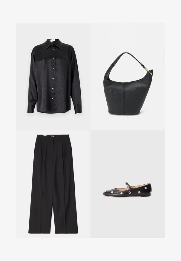 Black long-sleeve shirt with a collared neckline, featuring a crinkled texture, full button front, and cuffs. Made from a smooth fabric.; Bally Trousers - black; Black leather Mary Jane flat shoe with a rounded toe, featuring silver circular studs and an adjustable strap with a buckle.; Black leather handbag with a rounded shape, a wide strap, and a textured finish. Features a subtle seam detail and a gold-tone hardware accent.