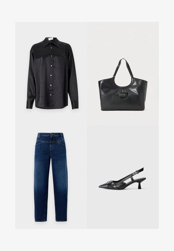 Cămașă neagră cu mânecă lungă, cu guler, cu o textură șifonată, cu nasturi pe toată lungimea și manșete. Fabricată dintr-un material neted.; Blugi din denim albastru închis cu un design drept, cinci buzunare, închidere cu nasture superior și accente de cusătură portocalie.; Pantofii slingback din piele neagră, cu vârful ascuțit, curele decorative cu ochiuri din metal și toc bloc mic. Suprafață texturată.; Geanta tote din piele neagră cu un finisaj lucios, parte superioară curbată, două bretele pentru umăr și un accent de hardware de nuanță aurie pe față.