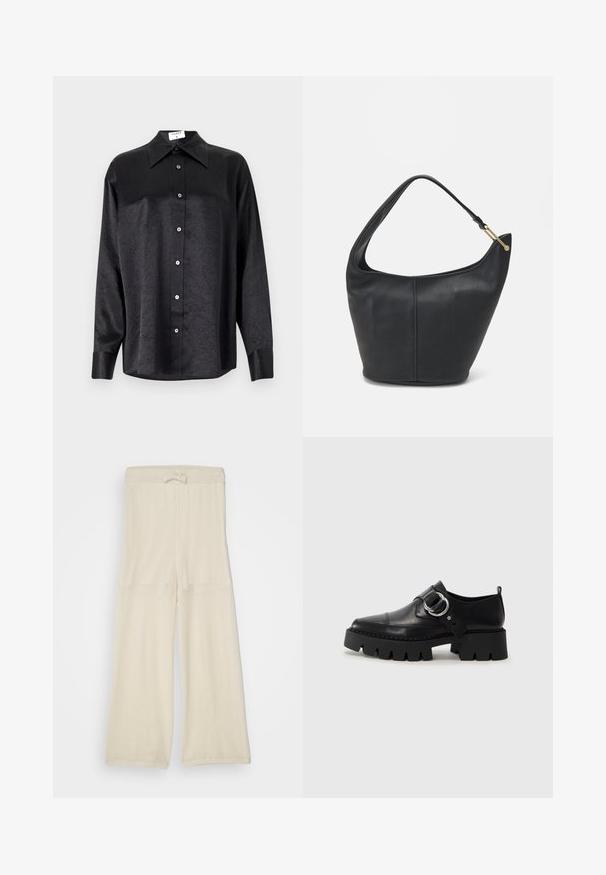 Crna košulja dugih rukava s ovratnikom, s naboranom teksturom, potpuno dugmadi naprijed i manžetama. Izrađena od glatkog materijala.; Svijetlosmeđe široke hlače od mrežaste tkanine s pojasom na vezanje, s ležernim krojem i teksturiranom površinom. Pogodne za svakodnevno nošenje.; Crne kožne cipele s debelim, rebrastim potplatom, koje imaju okrugli srebrni detalj i minimalne šavove.; Crna kožna torba za ruke s zaobljenim oblikom, širokim remenom i teksturiranim završetkom. Sadrži suptilan detalj šava i zlatnu metalnu akcentu.